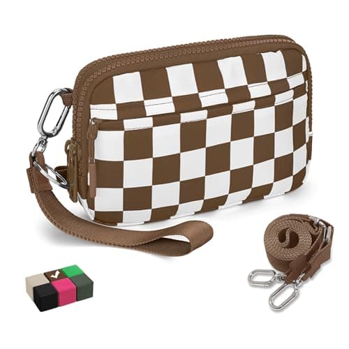 WOOMADA Checkerboard Nylon wristlet wallets for women - Crossbody Bag with Credit Card Holder & Cell Phone Organizer(Caramel Checkerboard)