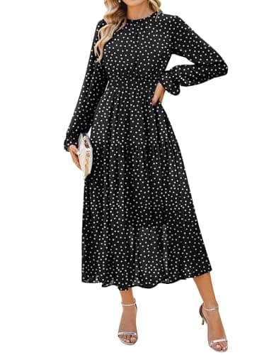 GRACE KARIN Women's Fall Wedding Guest Dresses 2026 Floral Long Sleeve Chiffon Maxi Dress Flowy Boho Dress with Pockets Black and White Polka Dots XXL - Image 1