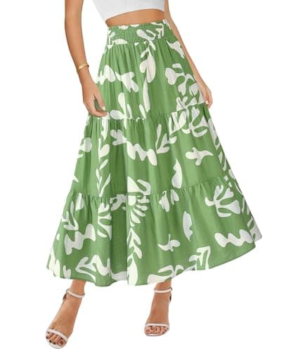 BTFBM Skirts for Women Summer 2026 Floral Print A Line Elastic High Waist Boho Maxi Skirt Spring Fashion Clothing Pocket(Leaf Green, XX-Large) - Image 1