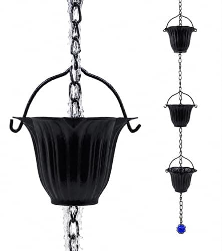 gronhof Black Rain Chain for Gutters, 12 Cup Tulip Decorative Water Feature, 8FT 8IN Adjustable Metal Chain Rain Diverter for Modern Outdoor Garden Décor with Crystal Accent - Image 1