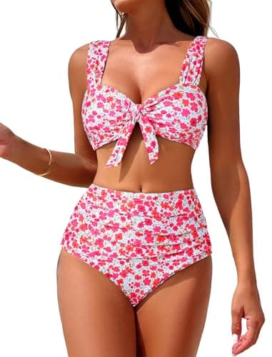 ZAFUL High Waisted Bikini Sets for Women Swim Suits 2026 Tummy Control Ruched Bikini Two Piece Bathing Suit Swimwear Pink Floral Small - Image 1
