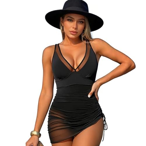Bolsamila Slimming One Piece Swim Dress Tummy Control Swimsuit with Mesh Sheer Sarong Wraps Bathing Suit (US, Alpha, X-Large, Regular, Regular, Black) - Image 1