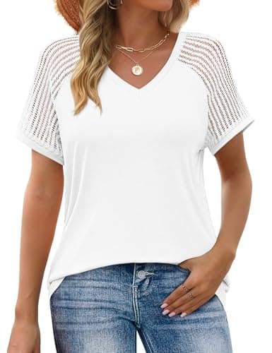 JUSTFASHIONNOW Short Sleeve Blouses for Women Cute Summer Tops Dressy Casual V Neck Tshirts 2026 Trendy Spring Clothes(White,Small - Image 1