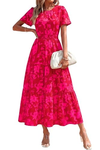 PRETTYGARDEN Women's Summer Casual Short Flutter Sleeve Round Neck Smocked Waist Tiered Boho Floral Flowy Maxi Dress(Red Rose Red Flower,Small) - Image 1