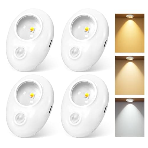 GLARESBOT LED Motion Sensor Puck Lights, 3 Color Temps Dimmable Cabinet Light, Wireless Rechargeable Battery Operated Puck Lights, USB Magnetic Closet Light for Drawer, Shelf (4 Pack) - Image 1