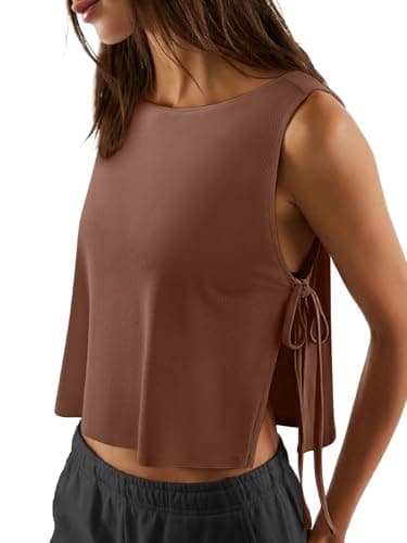 LASLULU Women's Loose Sleeveless Workout Tank Tops Side Tie Sports Gym Running Yoga Exercise Pilates Top Athletic Shirts Tank Tops for Women (Coffee, Small) - Image 1