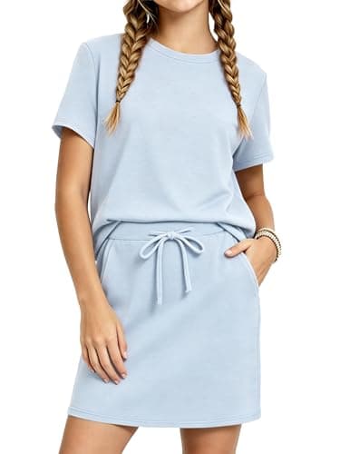 XMWEALTHY Girl Clothes Cute Summer Outfits Short Sleeve Pullover Tops and Drawstring Tennis Skirts Kids Clothing Sets Light Blue 7-8Y - Image 1