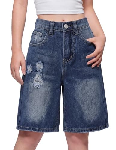 PATPAT Girls Jean Shorts 5-14Y Ripped Bermuda Jorts Y2K Baggy Straight Leg Denim Shorts with Elastic Waistband Blue Size 13-14Y - Image 1