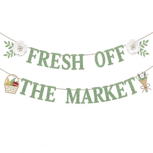 Fresh Off The Market Banner | Bridal Shower, Bachelorette Decorations, Engagement Party, Bride to Be Garland, 6-Inch Sage Green Shimmer Fine Glitter Bunting for Farmers Market Theme Wedding Decor - Image 1