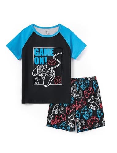 PATPAT Pajamas Sets for Boys Short Sleeve Tee and Knee Length Shorts Pjs Loose 2 Piece Sleepwear Kids Summer Lounge Wear Light Blue Game 8 Years - Image 1