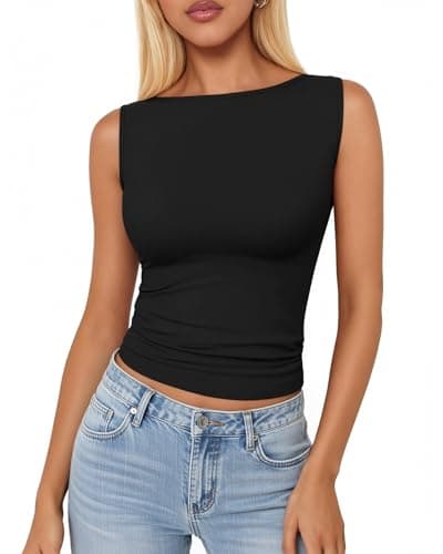 TRENLIVER Women Boat Neck Tank Tops Sleeveless Basic Going Out Top Cute Slim Fit Outfit Shirts Summer Clothes 2026 Black XL - Image 1