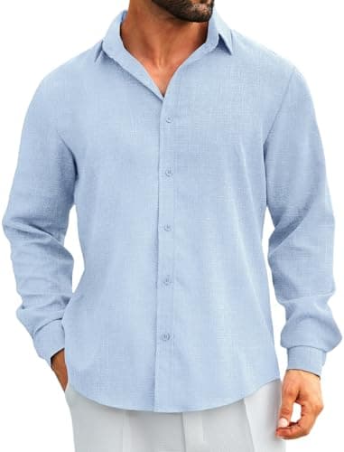 MAPICK Mens Linen Shirts Lightweight Wrinkle Free Travel Long Sleeve Shirts Loose Fit Button Down Shirts(Light Blue,Small) - Image 1
