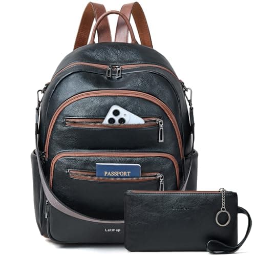 LATMAP Backpack Purse for Women Laptop Backpack, Leather Travel Back Pack Shoulder Bag Teacher College Daypack Work Handbag fits 14" Laptop, Black with Brown - Image 1