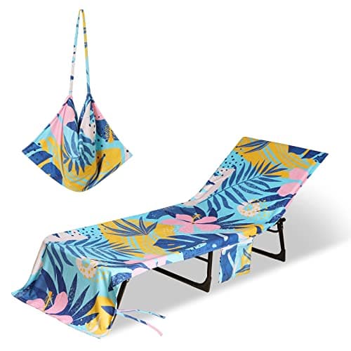 THOVSMOON Beach Lounge Chair Towel Cover,Soft Microfiber Chaise Lounge Towel Cover Patio Pool Chairs Cover with Side Pockets,80" x 26" Chair Cover for Beach/Pool Sunbathing (Palm Leaves) - Image 1