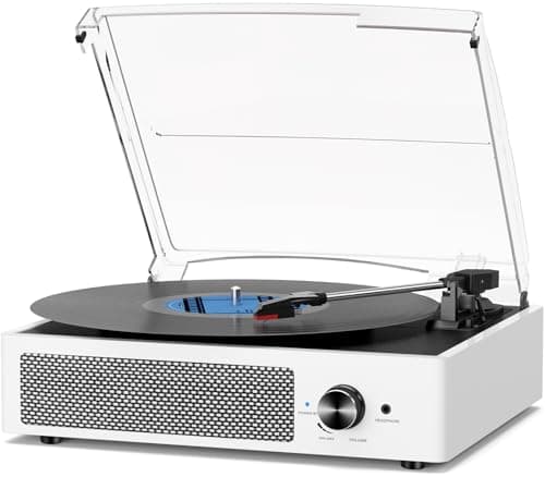 Record Player with Speakers Vintage Belt-Driven Turntable Bluetooth 3 Speed 3 Size Wireless Playback AUX-in RCA Out Headphone LP Vinyl Players Auto Stop Fashion White - Image 1
