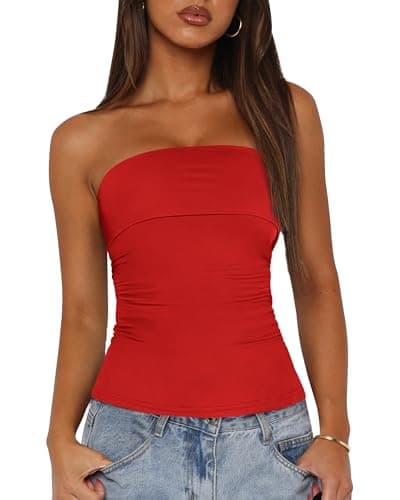 BTFBM Womens Strapless Tube Tops Spring Summer Clothes 2026 Trendy Casual Ruched Stretchy Going Out Bodycon Bandeau Top(Red, Large) - Image 1