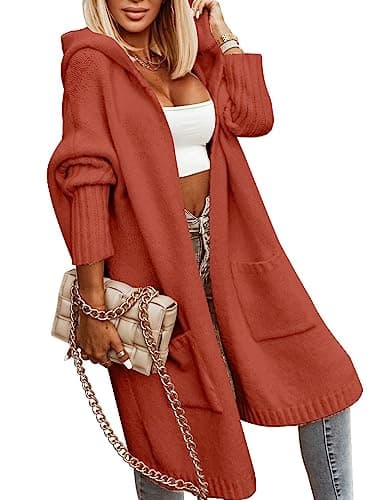 Aoysky Womens Long Cardigans Cable Knitted Open Front Oversized Hooded Outerwear Sweater Coat Orange