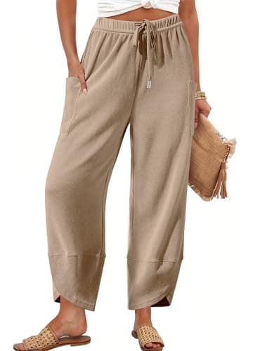 Bsubseach Wide Leg Pants Woman Elastic Waist Drawstring Palazzo Harem Pants Sweatpants with Pockets Khaki L - Image 1