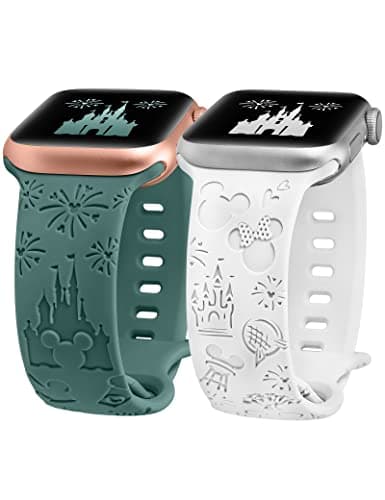 Girovo 2 Packs Cartoon Engraved Bands Compatible with Apple Watch Bands 49/46/45/44/42mm Women, Cute Designer Soft Silicone Strap for iWatch Series 11 10 9 8 7 6 5 4 3 SE/Ultra 3 2 1, White/Green - Image 1