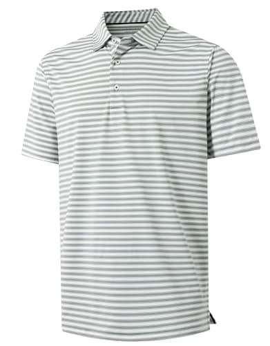 M MAELREG Golf Shirts for Men Dry Fit Performance Moisture Wicking Striped Collared Mens’ Polo Shirts Short Sleeve Grey White - Image 1