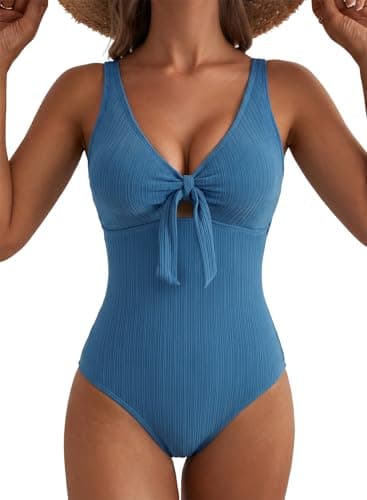 Aleumdr One Piece Bathing Suits for Women Tummy Control Long Torso Swimsuits Tie Knot Front Slimming Swimwear 2026 Summer Sky Blue Large - Image 1