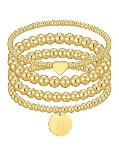 Howoo Gold Bracelets Mothers Day Gifts for Women Beaded Initial Bracelet Stack Dainty Heart Stretch Gold Charm Bracelet Jewelry for Women Trendy - Image 1