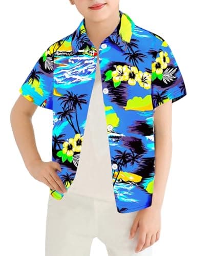 tagyum Boys Hawaiian Shirt 11Y 12Y Short Sleeve Boys Button Down Shirt Beach Casual Summer Print Top T-Shirt for Kids Light Blue