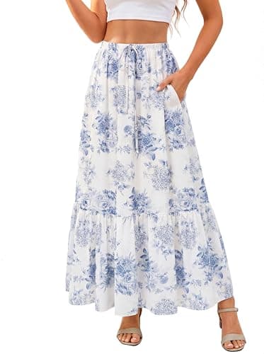 Scarlet Darkness Floral Maxi Skirts for Women 2026 Summer Flowy Ruffle Long Skirt with Pokets Blue Floral 2XL - Image 1