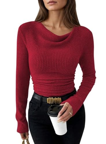 Pink Queen Long Sleeve Cowl Neck Shirts Fall Formal Sweaters Slim Fit Ribbed Tops Trendy Red M - Image 1