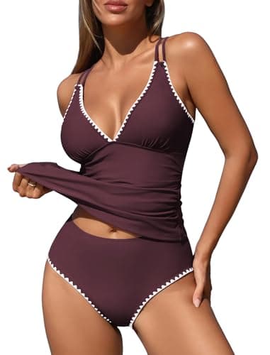 ZAFUL Womens Tankini Bathing Suits Two Piece Swimsuits High Waisted Bathing Suit Shell Stitch Push Up Swim Top Bathing Suits with Shorts (Plum Velvet L) - Image 1