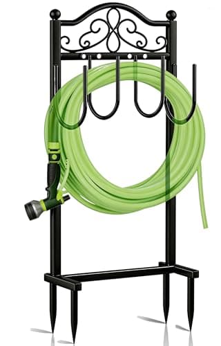 SHOMEXTOL Upgraded Garden Hose Holder - Heavy Duty Freestanding Metal Hose Holder with 4 Stabilizing Spikes, Sturdy Hose Hanger up to 100ft Hose for Yard, Lawn & Outdoor Garden (Black) - Image 1