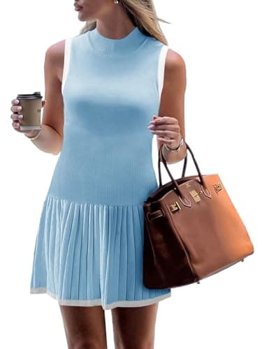 Wenrine Women Sleeveless Pleated Mini Dress Casual Knit Drop Waist Summer Tank Dresses Blue - Image 1