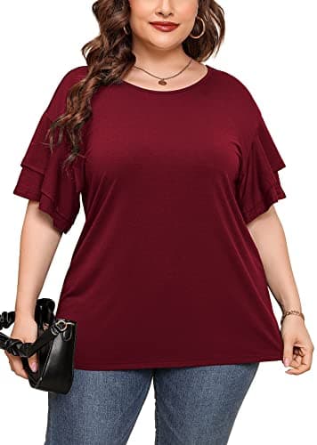 AusLook Plus Size Blouses For Women Burgundy 2X Christmas Tunic Double Ruffle Short Sleeve Shirts Crewneck Clothing Tee Ladies Clothes Flowy Dressy Casual Loose Fit Outfits Maternity Summer Tops - Image 1