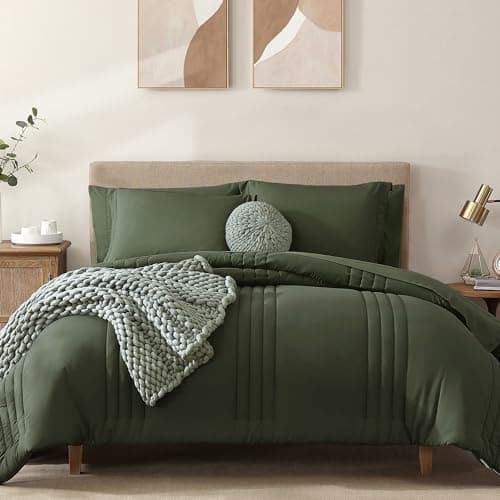 Monbix King Size Comforter Set - 7 Pieces Bed in a Bag King, Olive Green Bedding Sets with Comforter, All Seasons Comforter Bed Set with Sheets, Pillowcases & Shams - Image 1