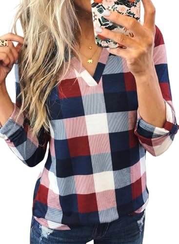 Dokotoo Womens Spring Fall Fashion Casual Ladies Basic Cotton Cuffed 3/4 Long Sleeve Plaid Print V Neck Work Tunic Tops and Blouses Shirts for Women 2025 - Image 1