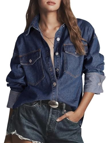 Skirt BL Women Denim Shirts Oversized Button Down Jean Shirt Casual Long Sleeve Shackets Top Trendy 2025 - Image 1