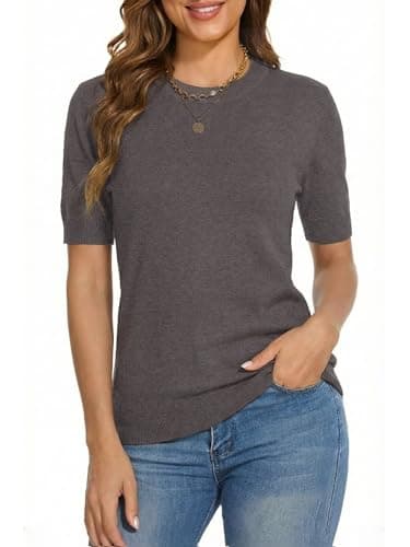 LaGracia Cashmere Sweaters for Women Crewneck Short Sleeve Basic Casual Lightweight Sweater Spring Top Coffee XL - Image 1