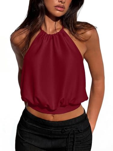 REORIA Women's Halter Backless Crop Top Sexy Sleeveless Summer Going Out Outfits 2026 Trendy Burgundy Large - Image 1