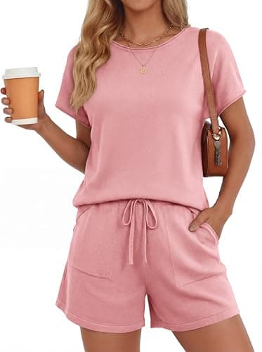 PRETTYGARDEN Two Piece For Women 2026 Spring Trendy Fashion Shorts And Tops Knitted Lounge Sets Summer Outfit Vacation Clothes (Light Pink,L) - Image 1