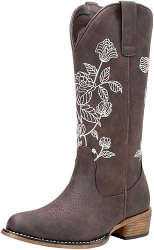 Jeossy Women's Whisky Western Cowboy Boots Mid Calf Embroidery Flower Cowgirl Boots with Low Heel Side Zipper 9807 Comfy Round Toe Country Music Festival Music Rodeo, Size 7(DJY9807 Whisky 07) - Image 1