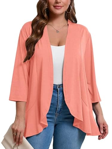 AusLook Women's Plus Size 3/4 Sleeve Lightweight Open Front Cardigan Watermelon Red 1X Draped Ruffles Causal Cover Ups Shrugs Tops Shawls and Wraps Kimono Jacket Coat - Image 1