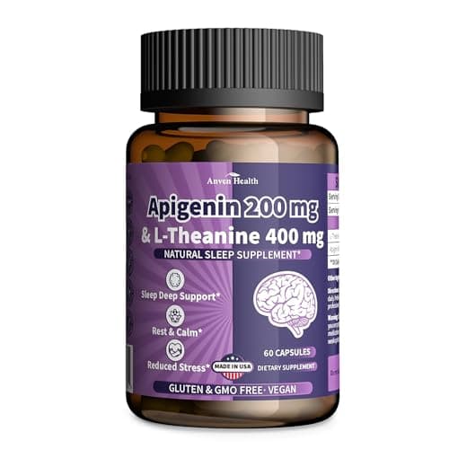 Anven Health 400mg L-Theanine with 200mg Apigenin Supplement for Sleep-Natural Relaxation & Stress Relief - Gluten Free,Non-GMO, Zero Fillers - Made in USA | 60 Veggie Capsules - Image 1