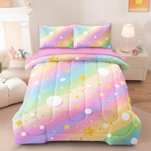HICAND 5 Pcs Twin Bedding Sets for Girls, Pink Glitter Rainbow Bed in A Bag Twin Size Bed Set, Stars Galaxy Bedding Comforter Set for Girls - Image 1