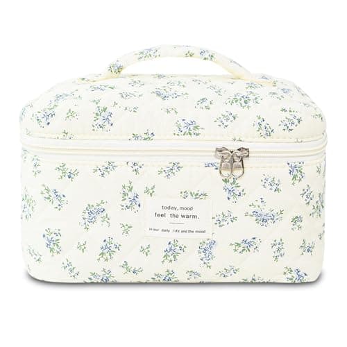 Makeup Bag, Floral Quilted Cosmetic Bag, Large Travel Aesthetic Make up Bag, Cute Coquette Toiletry Bag for Women Girls - Image 1