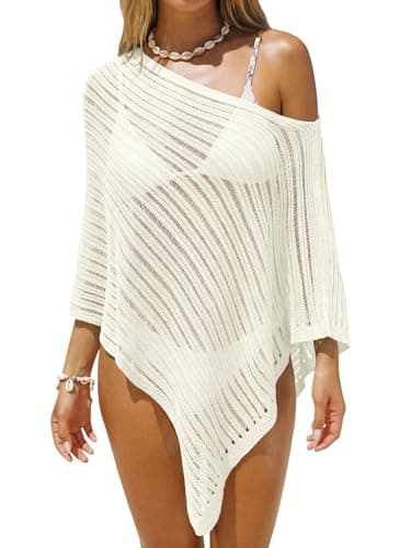 Saodimallsu Womens Off The Shoulder Beach Cover Ups Summer Batwing Sleeve Mesh Knit Asymmetrical Vacation Cape Top White - Image 1