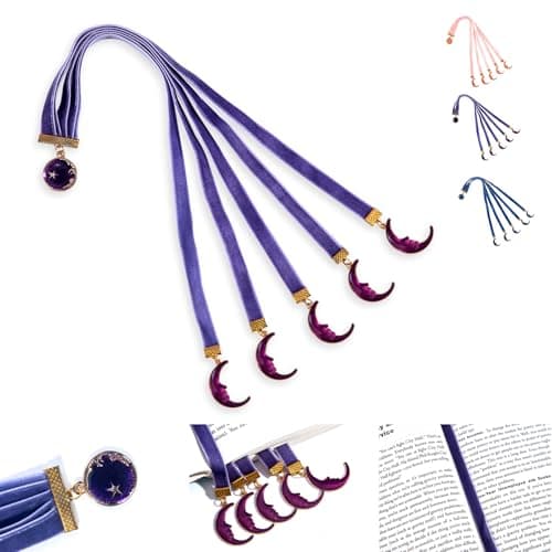 bibiage Velvet Bible Ribbon Bookmark, 5 Multi-Page Bible Bookmarks for Women & Men, 14 inch Ribbon Bookmark for Bible Study, Elegant Christian Gift with Moon Star Pendants, Purple - Image 1