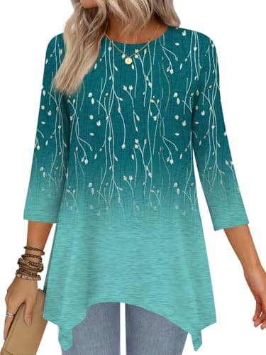 JUSTFASHIONNOW Women's Fall Tops 3/4 Sleeve Dressy Casual Plus Size Tunic Tops to Wear with Leggings Maternity Floral Shirts Loose Blouses(Gradient green,X-Large - Image 1