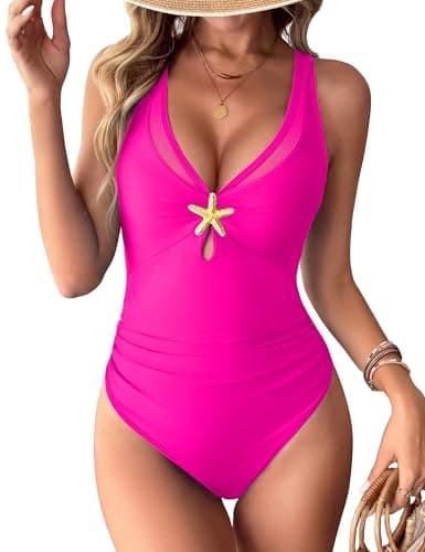 Fayenne Womens Swimsuits Tummy Control One Piece Bathing Suit Sexy Mesh Cutout V Neck Ruched Starfish Metal Swimwear Hot Pink - Image 1