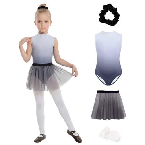 JiAmy Ballet Leotards for Girls 4 Pcs with Removable Skirt Gradient Color Dance Dress Outfit Combo Tights Scrunchy 4-5T,Black - Image 1