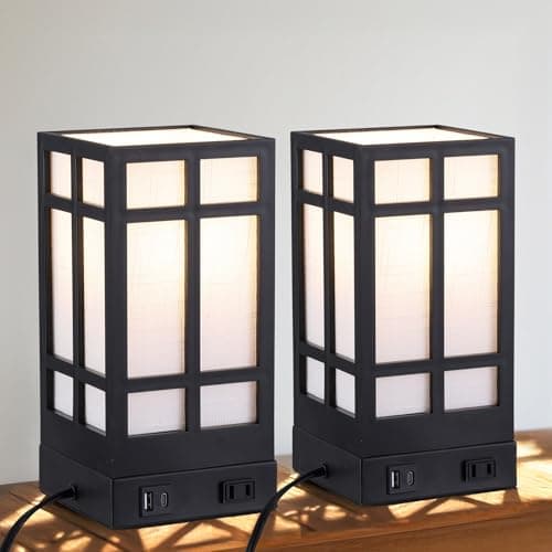 Beside Table Lamp set of 2 with AC Outlet, USB A & C Charging Port,Small Rectangular Nightstand Lamp with Bamboo Linen Shade,LED Bulbs Included,Tabletop Reading Lamp for Living Room/Dorm/Office - Image 1